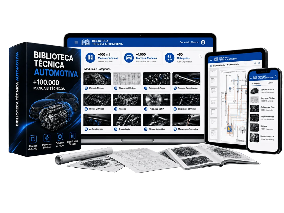 Biblioteca Técnica Automotiva aberta em notebook, tablet e celular